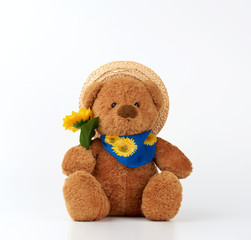cute little brown teddy bear holds a plastic yellow sunflower and is dressed in a straw hat