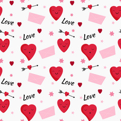 Simple flat style valentine&acute;s day background with funny hearts, letters, arrows.