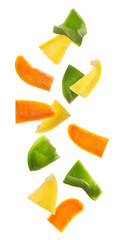 Set of different cut ripe bell peppers on white background