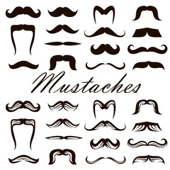 black collection of various retro mustaches isolated on white background