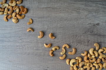 Cashew nuts on a wooden table