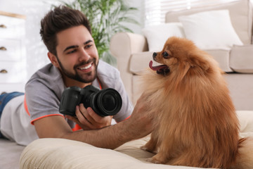 Professional animal photographer taking picture of beautiful Pomeranian spitz dog at home