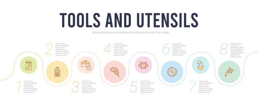 Tools And Utensils Concept Infographic Design Template. Included Tattoo, Chemistry Flask With Liquid, Cardinal Points, Ringing, Optical, Briefcase And Document Icons