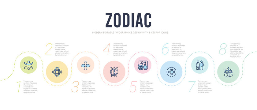 zodiac concept infographic design template. included sulphur, friendship, spirit, year, perseverance, affluence icons