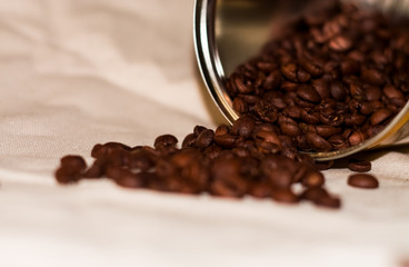 On white coarse cloth there are grains of fresh arabica coffee from a metal tin can for storage.