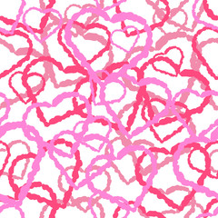 Seamless pattern. Contour pink hearts on a white background. Vector drawing. Texture.