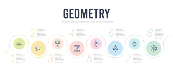 geometry concept infographic design template. included polygonal hexagonal, polygonal house or home building, polygonal jet aircraft, jewel, letter z of small triangles, martini glass shape icons