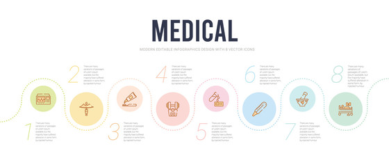 medical concept infographic design template. included illness on bed, medicines bowl, thermometer, blood analysis, weight for medical sport practice, brush with tooth paste icons