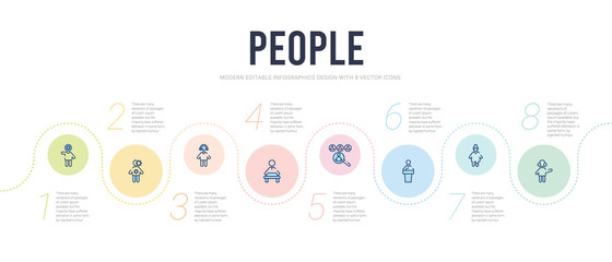 people concept infographic design template. included male reporter, articulation, speaker at a conference, people searcher, worker thinking, buyer support icons
