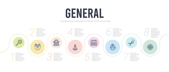 general concept infographic design template. included sniper gun target, papper cut scirssors, school printer, classroom calendar, alcohol burner, old typewriter icons