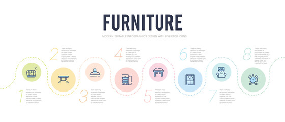 furniture concept infographic design template. included table clock, living room, window, table, fridge, chimney icons