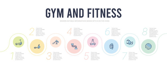 gym and fitness concept infographic design template. included pilates ball, protein, pulsometer, push up, resistance band, press simulator icons