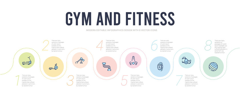 Gym And Fitness Concept Infographic Design Template. Included Pilates Ball, Protein, Pulsometer, Push Up, Resistance Band, Press Simulator Icons