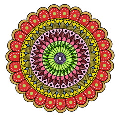 Drawing of a floral oriental mandala in yellow, green and red colors on a white background. Hand drawn tribal stock illustration