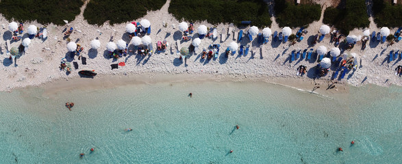 Aerial drone ultra wide photo of paradise sandy beaches in popular summer destination - island of...