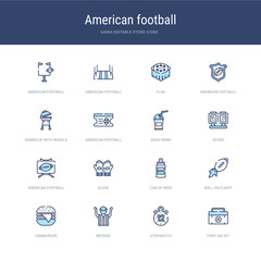 set of 16 vector stroke icons such as first aid kit, stopwatch, referee, hamburger, ball on flight, can of beer from american football concept. can be used for web, logo, ui\u002fux