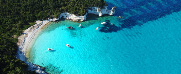 Aerial drone ultra wide photo of paradise sandy beaches in popular summer destination - island of Antipaxos with turquoise clear sea, Ionian, Greece