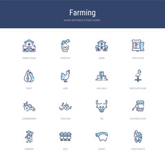 set of 16 vector stroke icons such as vegetables, sheep, silo, farmer, chicken coop, ox from farming concept. can be used for web, logo, ui\u002fux © zaurrahimov