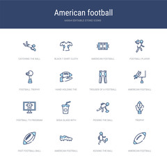 set of 16 vector stroke icons such as american football ball, kicking the ball, american football black shoe, fast football ball, trophy, picking the from american concept. can be used for web,