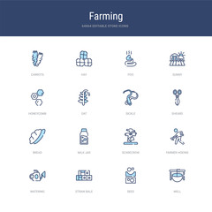 set of 16 vector stroke icons such as well, seed, straw bale, watering, farmer hoeing, scarecrow from farming concept. can be used for web, logo, ui\u002fux