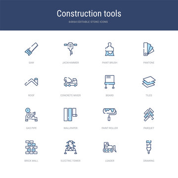 set of 16 vector stroke icons such as drawing, loader, electric tower, brick wall, parquet, paint roller from construction tools concept. can be used for web, logo, ui\u002fux