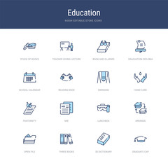 set of 16 vector stroke icons such as graduate cap, 3d dictionary, three books, open file, arrange, lunchbox from education concept. can be used for web, logo, ui\u002fux