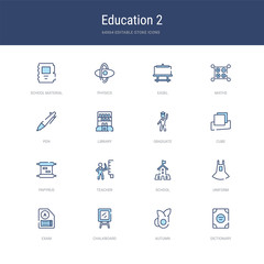 set of 16 vector stroke icons such as dictionary, autumn, chalkboard, exam, uniform, school from education 2 concept. can be used for web, logo, ui\u002fux
