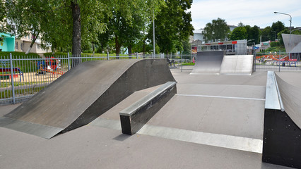 Naklejka premium Skate park for extreme sports exterior. Wide angle view.