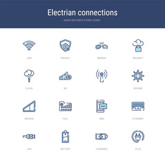 set of 16 vector stroke icons such as plug, charging, battery, lan, ethernet, sms from electrian connections concept. can be used for web, logo, ui\u002fux