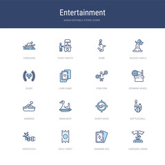set of 16 vector stroke icons such as carousel horse, diamond ace, gold ticket, hopscotch, bottles ball, shoot duck from entertainment concept. can be used for web, logo, ui\u002fux