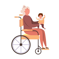 Fototapeta premium modern vector illustration of Handicapped grandmother with kid vector images. Disabled old woman holding a baby in his arms. Family love concept