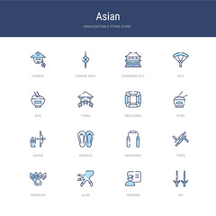 set of 16 vector stroke icons such as sai, training, claw, knuckles, tonfa, nunchaku from asian concept. can be used for web, logo, ui\u002fux