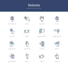 set of 16 vector stroke icons such as hands up, look up, hand up, watch dark eye, surfing, sad face from gestures concept. can be used for web, logo, ui\u002fux