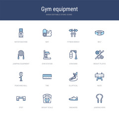 set of 16 vector stroke icons such as jumping rope, sneakers, weight scale, step, buck, elliptical from gym equipment concept. can be used for web, logo, ui\u002fux