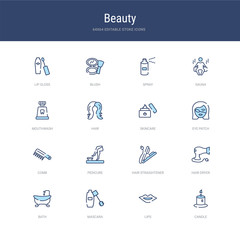 set of 16 vector stroke icons such as candle, lips, mascara, bath, hair dryer, hair straightener from beauty concept. can be used for web, logo, ui\u002fux