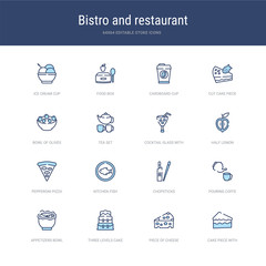 set of 16 vector stroke icons such as cake piece with cream, piece of cheese, three levels cake, appetizers bowl, pouring coffe, chopsticks from bistro and restaurant concept. can be used for web,