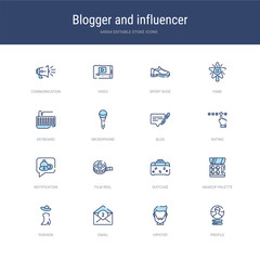 set of 16 vector stroke icons such as profile, hipster, email, fashion, makeup palette, suitcase from blogger and influencer concept. can be used for web, logo, ui\u002fux