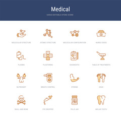 set of 16 vector stroke icons such as molar tooth, pills jar, eye dropper, skull and bone, dead, strong from medical concept. can be used for web, logo, ui\u002fux