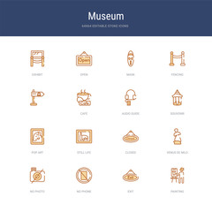 set of 16 vector stroke icons such as painting, exit, no phone, no photo, venus de milo, closed from museum concept. can be used for web, logo, ui\u002fux