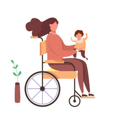 Modern vector illustration with happy handicapped mother with her child. Disabled woman in wheelchair holding a baby in her arms. Family love concept