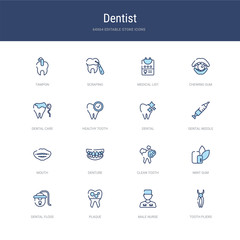 set of 16 vector stroke icons such as tooth pliers, male nurse, plaque, dental floss, mint gum, clean tooth from dentist concept. can be used for web, logo, ui\u002fux