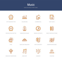 set of 16 vector stroke icons such as phantom, harmony, song note, broadcast microphone, gramophone record, mp3 player with headphones from music concept. can be used for web, logo, ui\u002fux