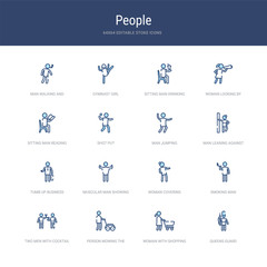 set of 16 vector stroke icons such as queens guard, woman with shopping cart, person mowing the grass, two men with cocktail glasses, smoking man, woman covering from people concept. can be used for