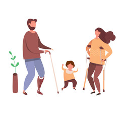 Concept of romantic relationships and marriage with handicapped people. Loving couple of handicapped man and woman with children. Human relations vector illustration.