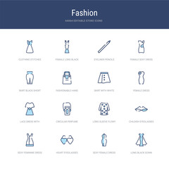 set of 16 vector stroke icons such as long black gown, sexy female dress, heart eyeglasses, sexy feminine dress in black, childish eyeglasses, long sleeve flowy dress from fashion concept. can be