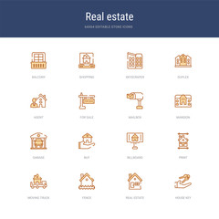 set of 16 vector stroke icons such as house key, real estate, fence, moving truck, print, billboard from real estate concept. can be used for web, logo, ui\u002fux