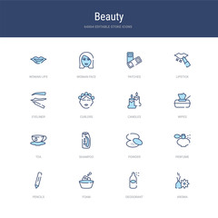 set of 16 vector stroke icons such as aroma, deodorant, foam, pencils, perfume, powder from beauty concept. can be used for web, logo, ui\u002fux