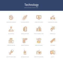 set of 16 vector stroke icons such as old tv, radio with antenna, big walkie talkie, mic with long cable, tee power, wireless mouse from technology concept. can be used for web, logo, ui\u002fux