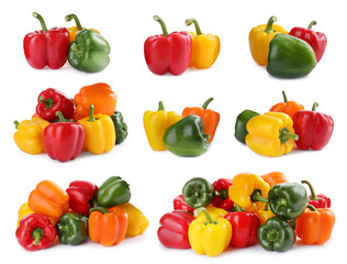Set of different ripe bell peppers on white background