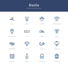 set of 16 vector stroke icons such as tambourine, coffee cup, cachaca, garlands, necklace, horn from brazilia concept. can be used for web, logo, ui\u002fux